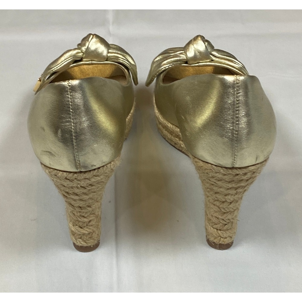 Tory Burch Gold Metallic Bow Peep Toe Wedge Espadrille Heels Women's 5 - Picture 11 of 11